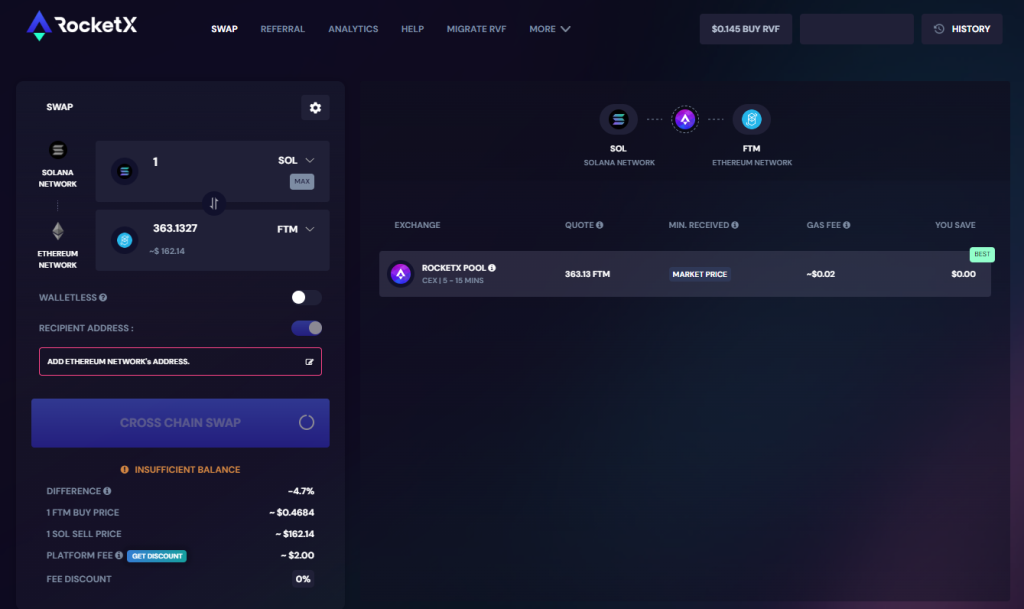 Interface de swap de RocketX