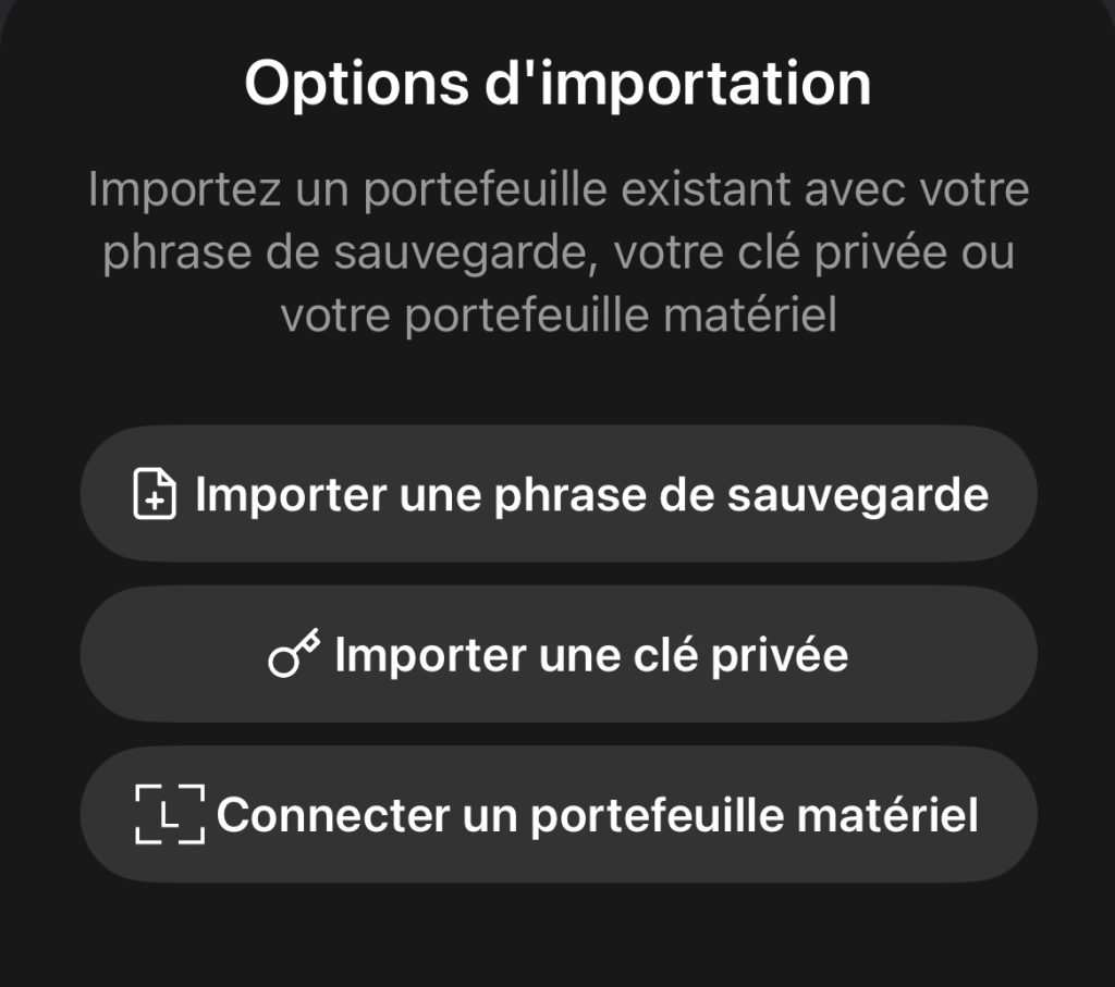 Options d'importation de wallet